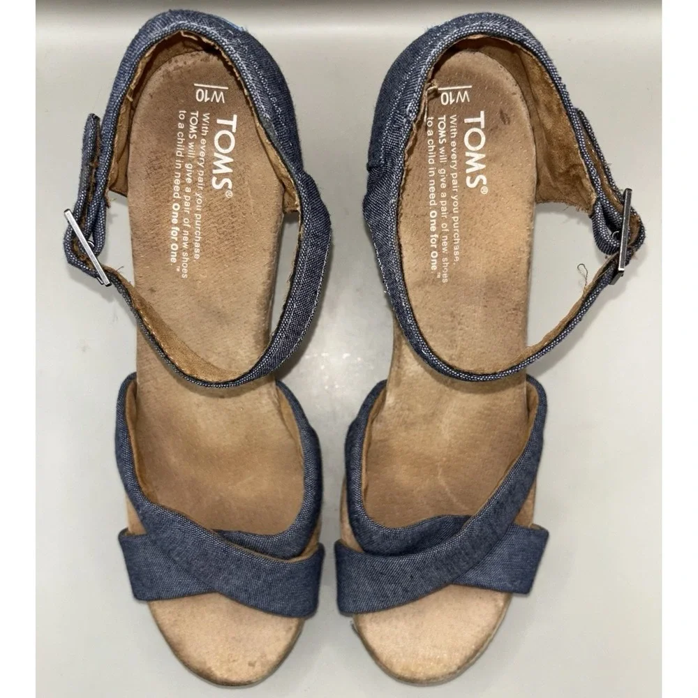 TOMS Sienna Cork Wedge Sandal Women Size 10 Blue Denim Strappy Open Toe Buckle
